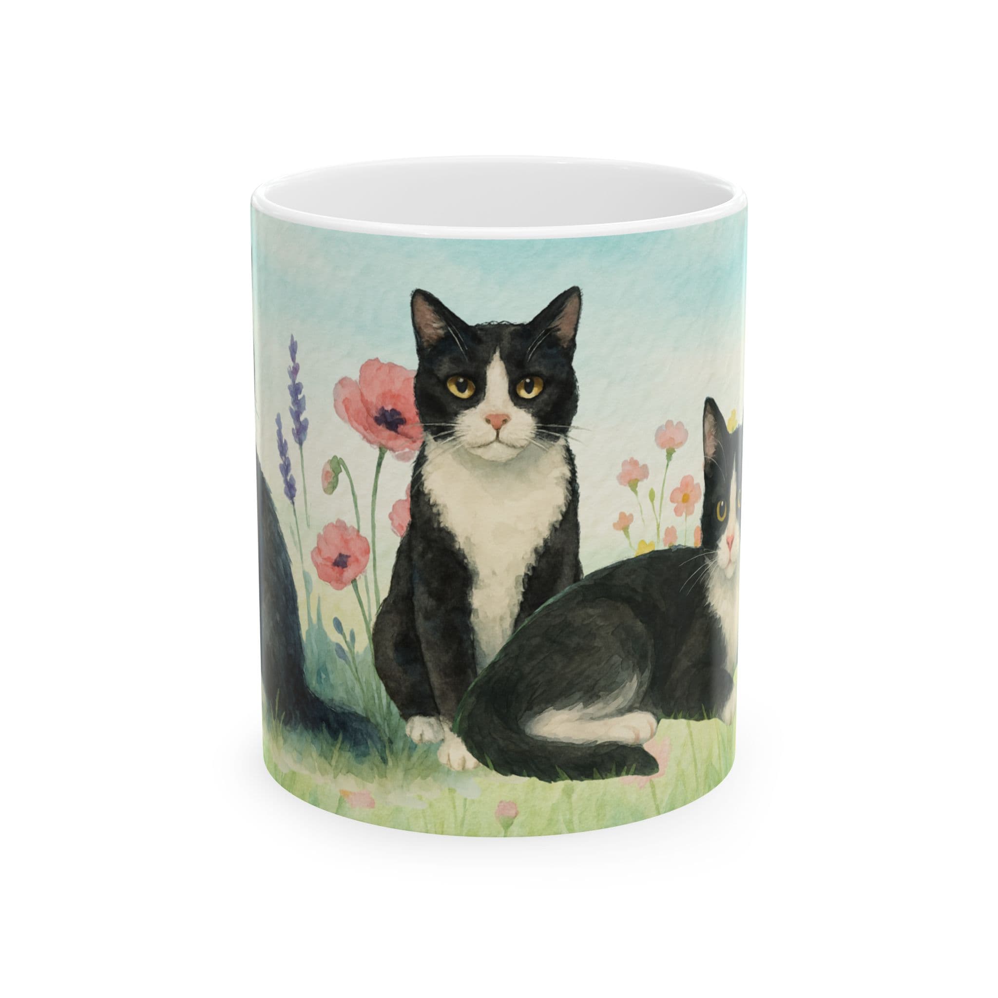 Tuxedo Cat Mug Watercolor Coffee Cup with Four Cat Poses Cute Black and White Pet Lover Gift Made to Order Ceramic 11oz