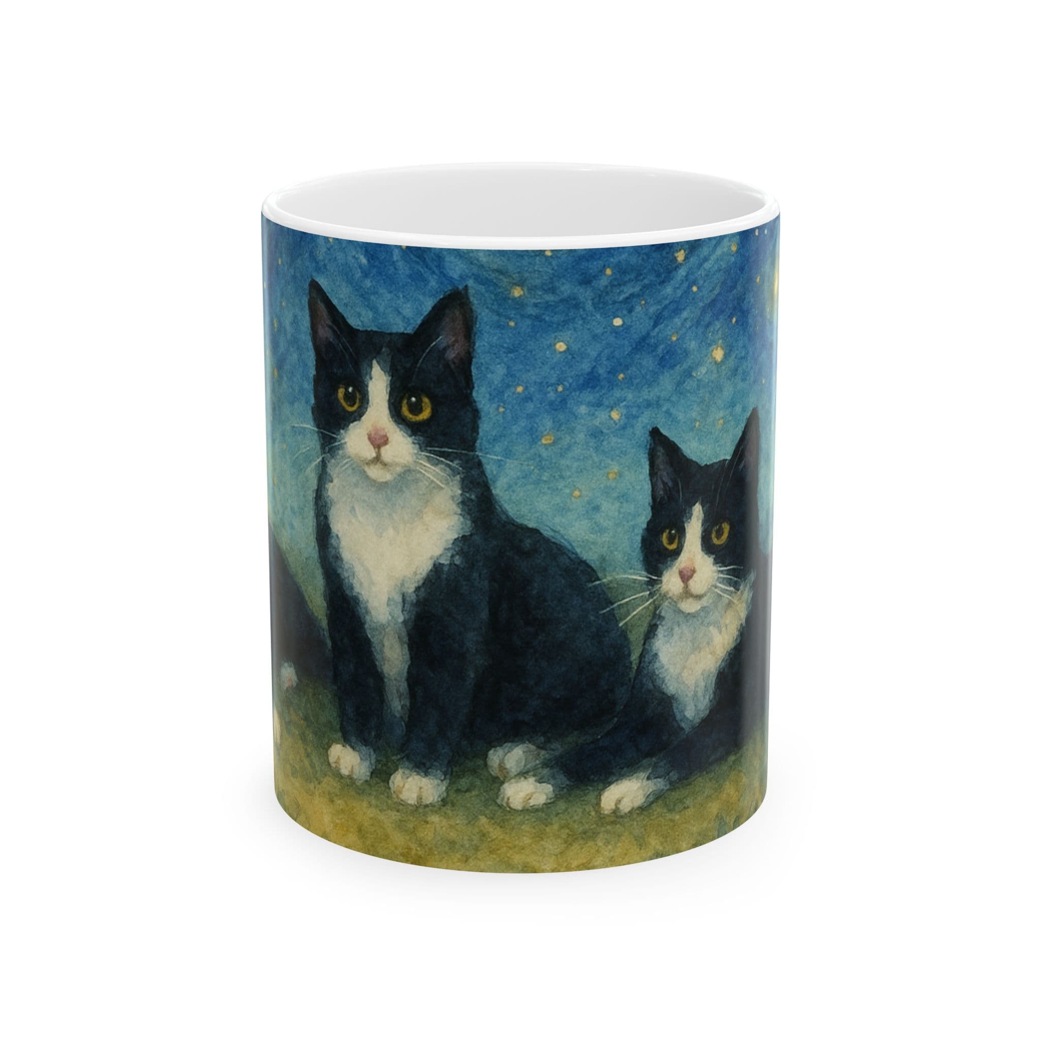Tuxedo Cat Mug Starry Night Watercolor Art | Black & White Cat Lover Gift | 11oz Ceramic Coffee Cup for Pet Owners Art Fans