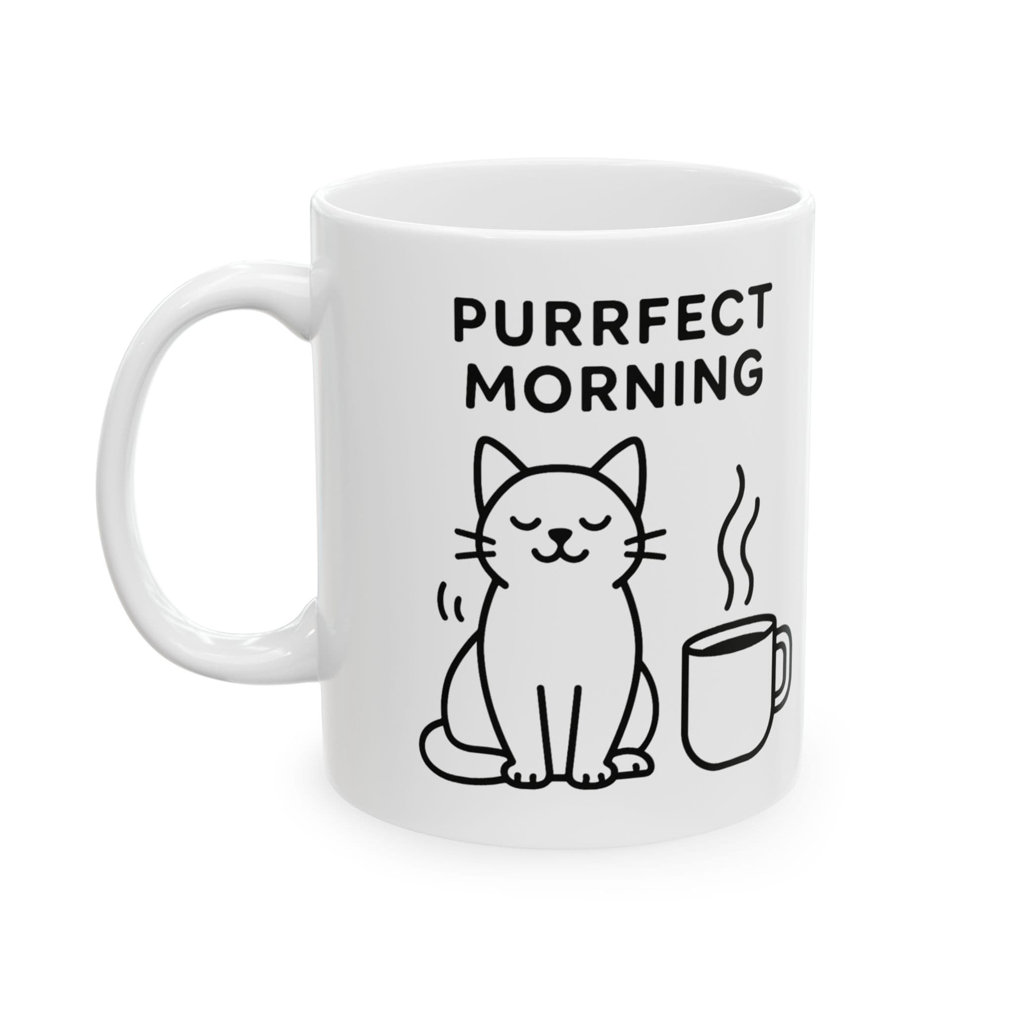 Purrfect Morning Cat Mug, Minimal Line Art, Gift for Cat Lover (11oz)